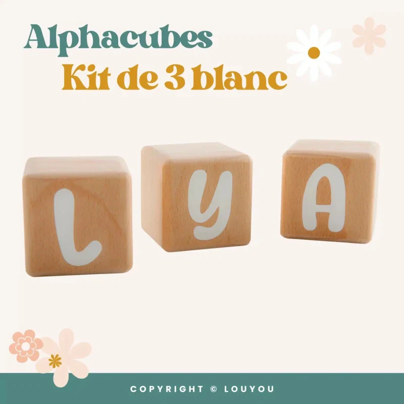Alphacubes en Bois lot de 3 de 5cm x 5cm avec 47 Stickers blancs - Image 4