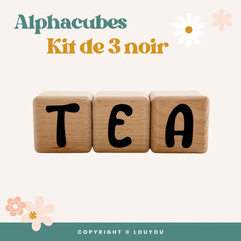 Alphacubes en bois lot de 3 de 5cm x 5cm avec 47 Stickers noirs - Image 5