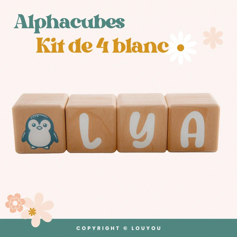 Alphacubes en bois lot de 4 de 5cm x 5cm avec 55 Stickers blancs - Image 2