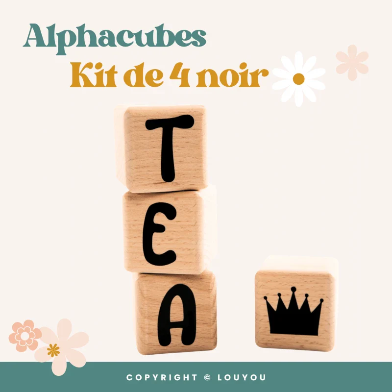 Alphacubes en bois lot de 4 de 5cm x 5cm avec 55 Stickers noirs - Image 3