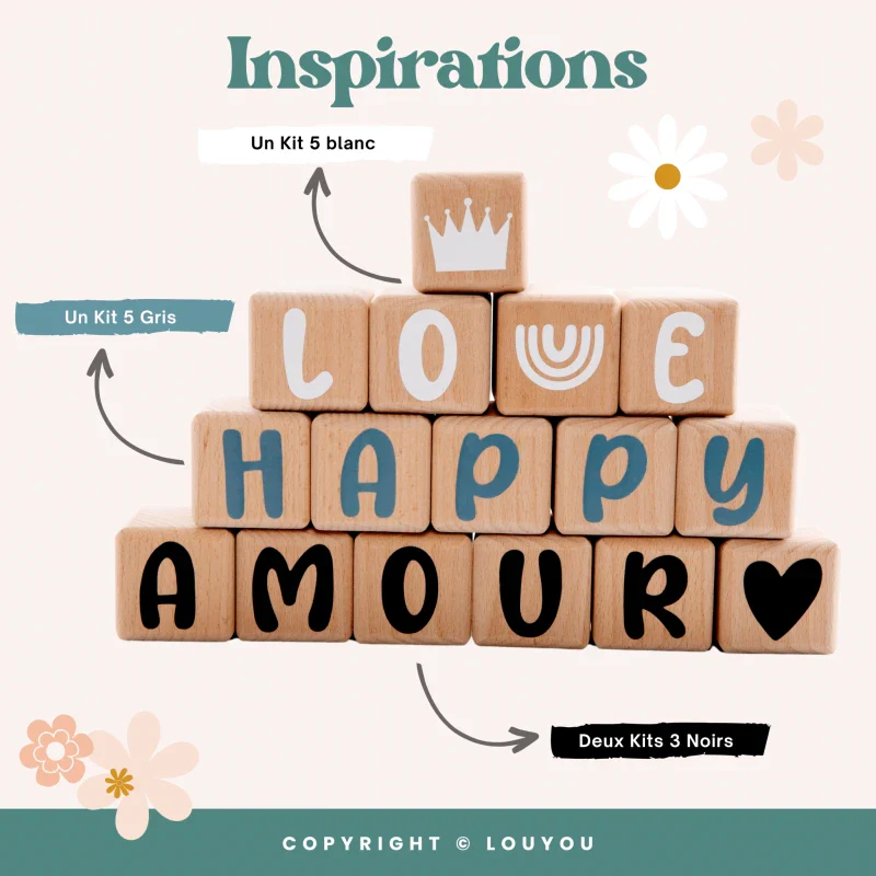 Alphacubes en bois lot de 4 Cubes de 5cm x 5cm avec 55 Stickers gris - Image 11