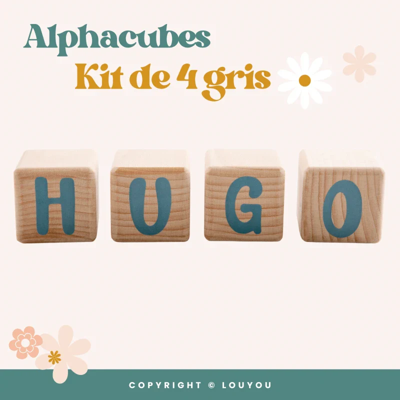 Alphacubes en bois lot de 4 Cubes de 5cm x 5cm avec 55 Stickers gris - Image 5