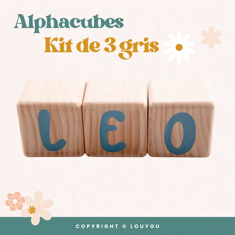 Alphacubes en bois lot de 3 de 5cm x 5cm avec 47 Stickers Gris - Image 2