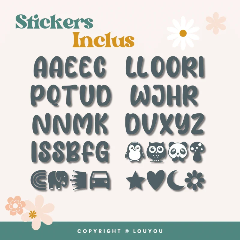 Alphacubes en bois lot de 3 de 5cm x 5cm avec 47 Stickers Gris - Image 3