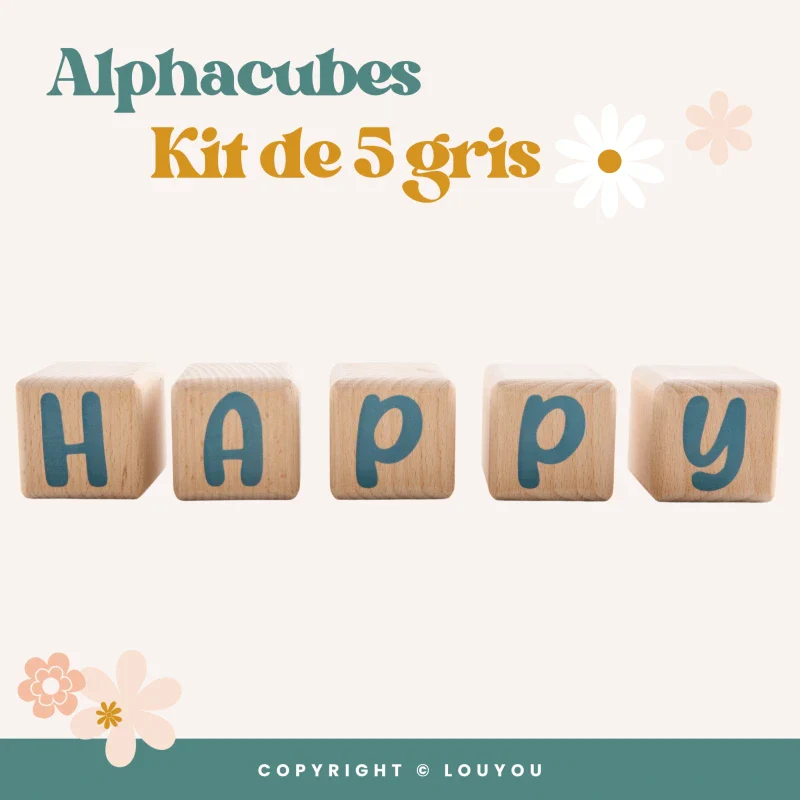 Alphacubes en bois lot de 5 de 5cm x 5cm avec 66 Stickers gris - Image 4