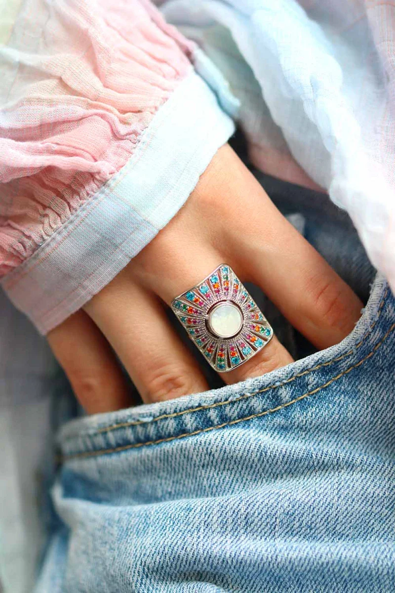 Bague argentée et pierre nacre - Ombeline - Image 4