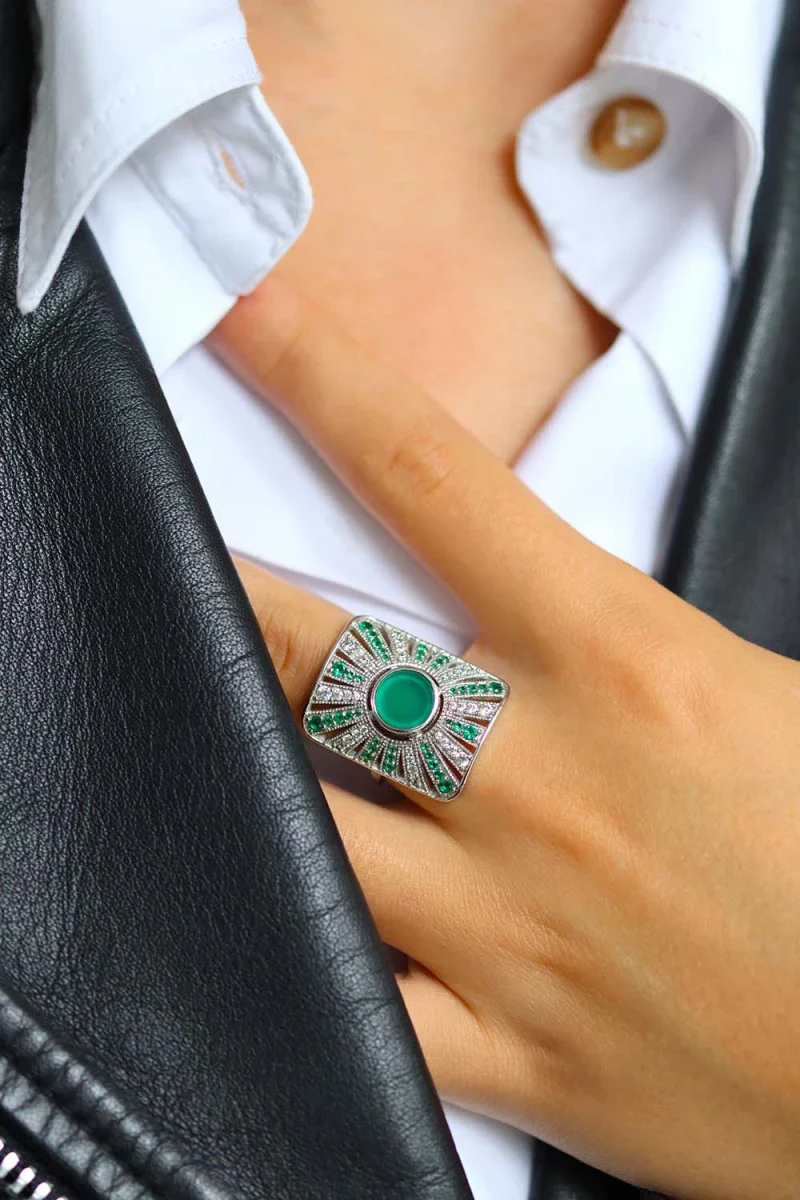 Bague argentée et pierre onyx vert - Ombeline - Image 3