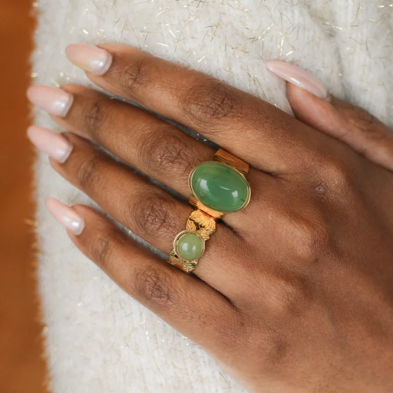 Bague feuille ronde perle verte Aventurine - Image 2