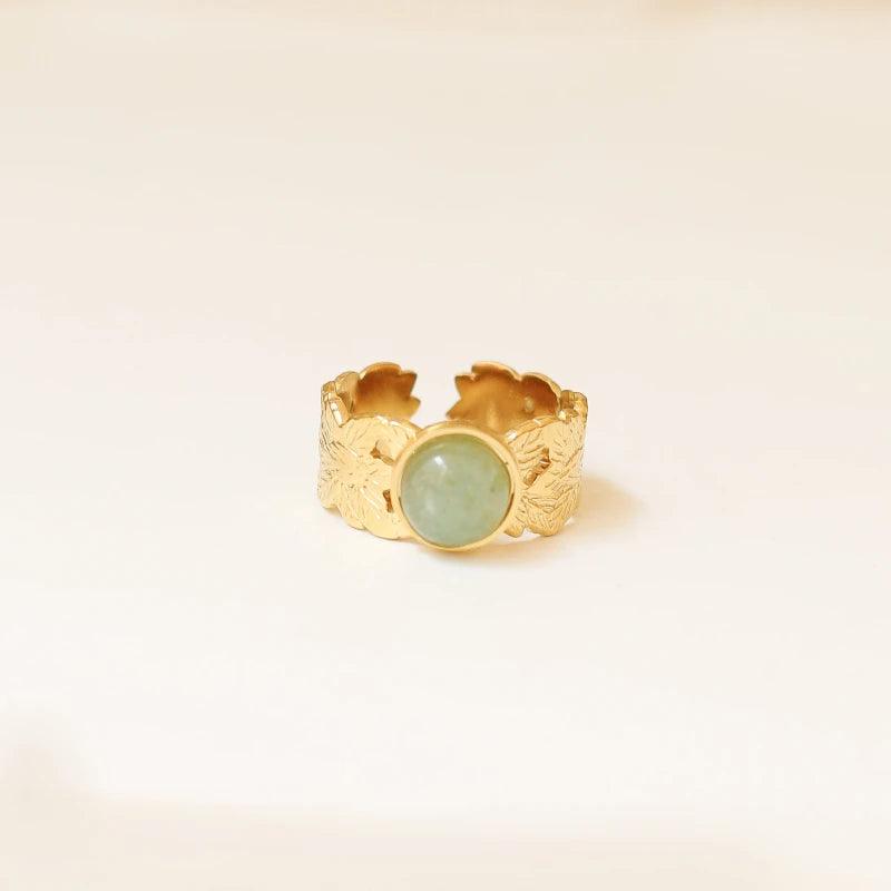Bague feuille ronde perle verte Aventurine - Image 3