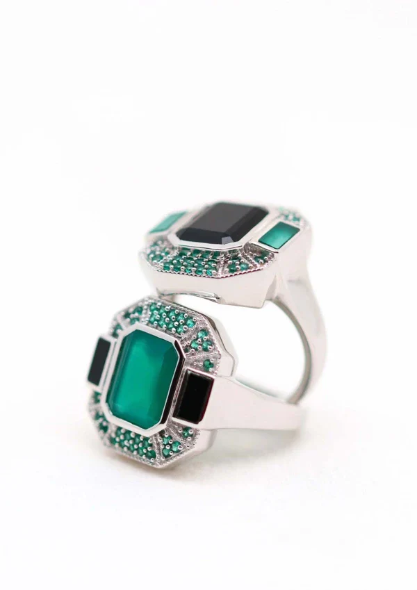 Bague onyx vert et noir en argent - Célestine - Image 3