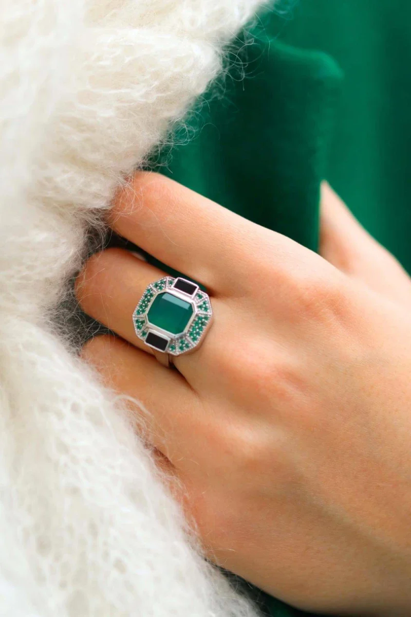 Bague onyx vert et noir en argent - Célestine - Image 4