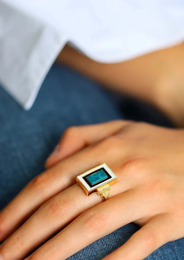 Bague plaqué or et Chrysocolle rectangle I Victorine - Image 4