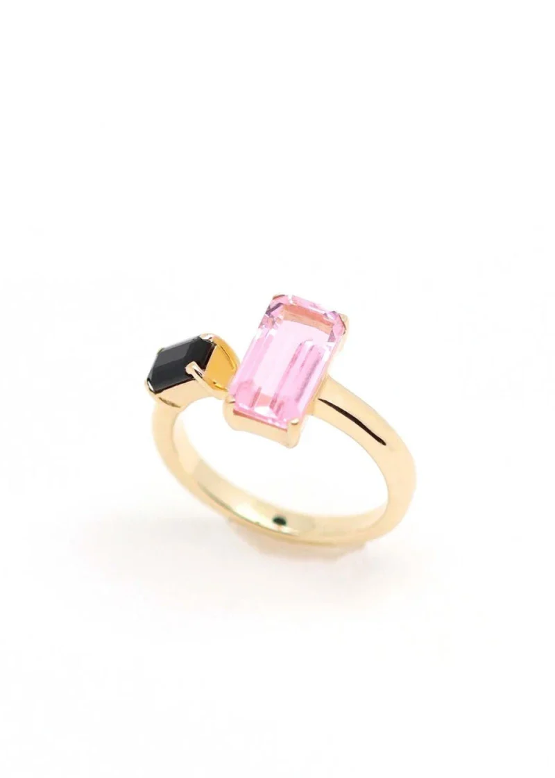 Bague plaqué or Quartz rose et Onyx noir "Odette" - Image 2