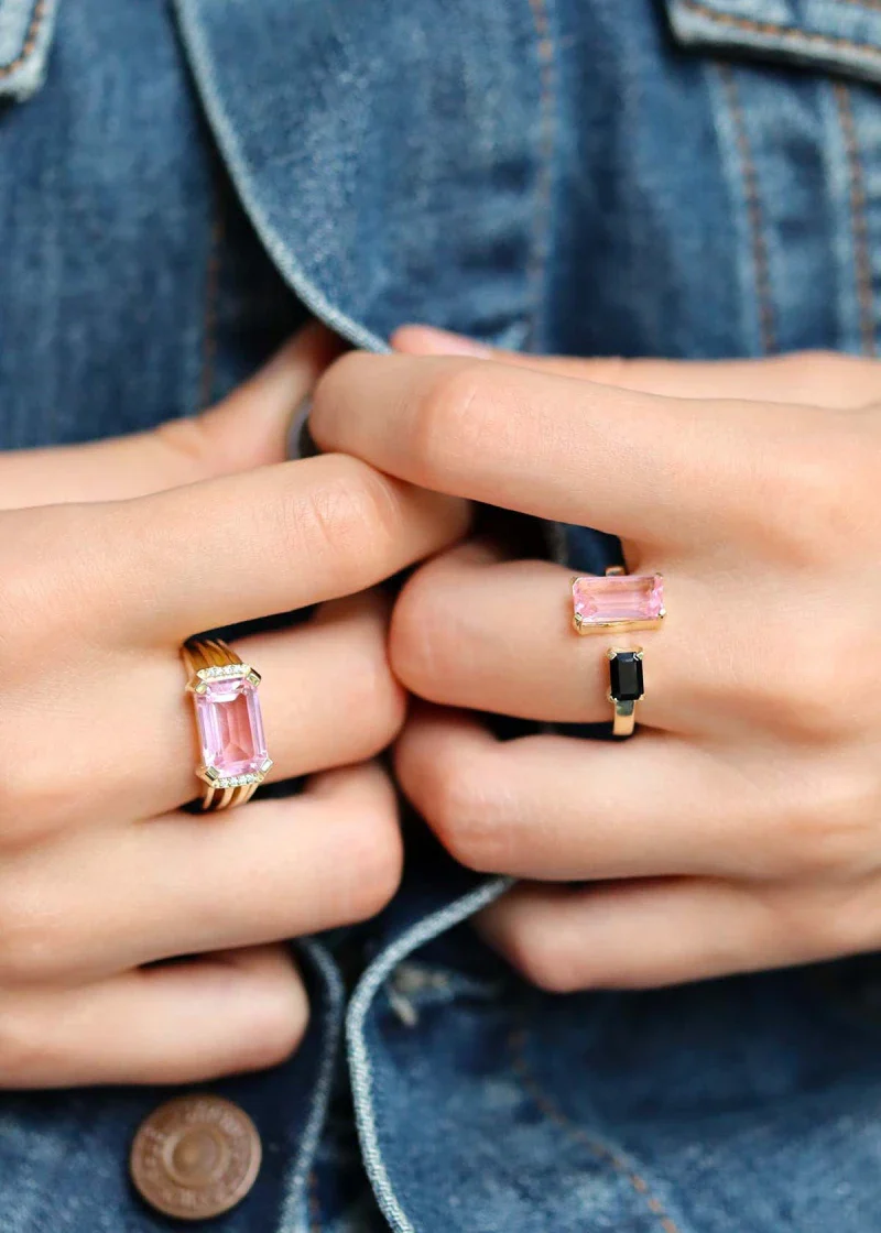 Bague plaqué or Quartz rose et Onyx noir "Odette" - Image 3