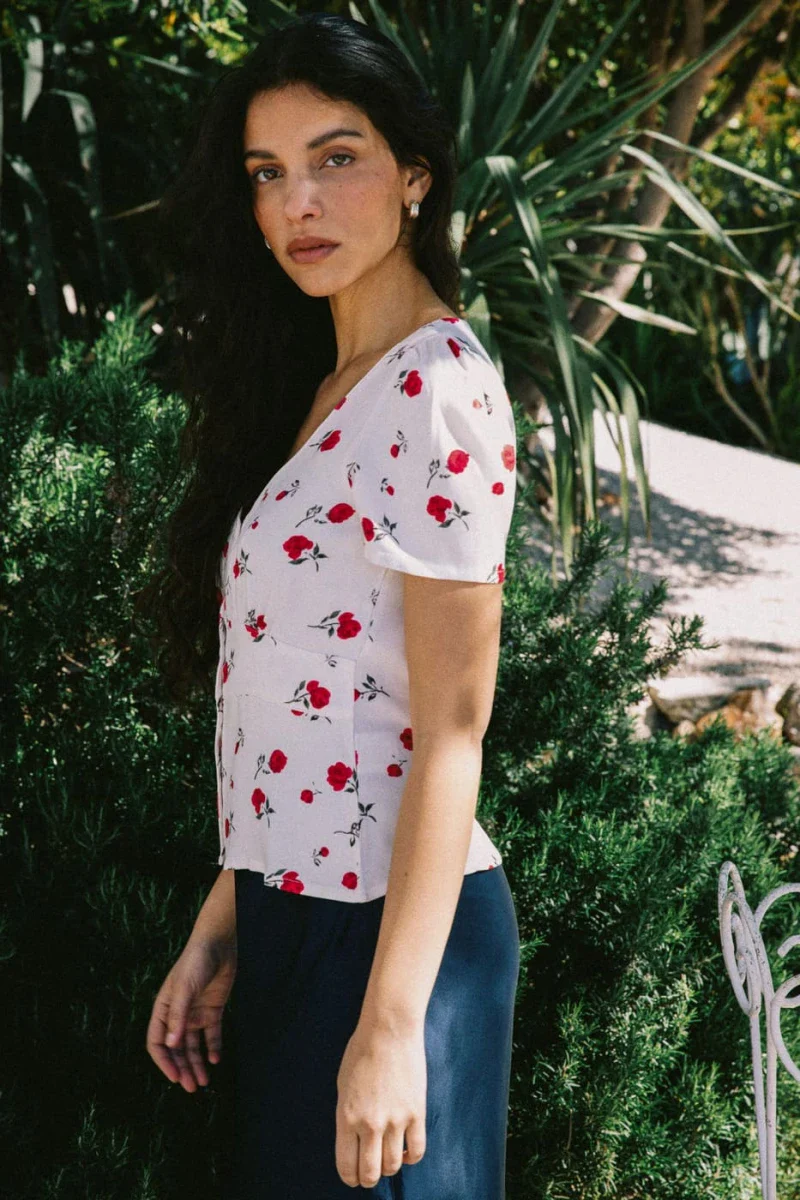 Blouse blanche à manches courtes imprimée fleurie - Althéa - Image 3