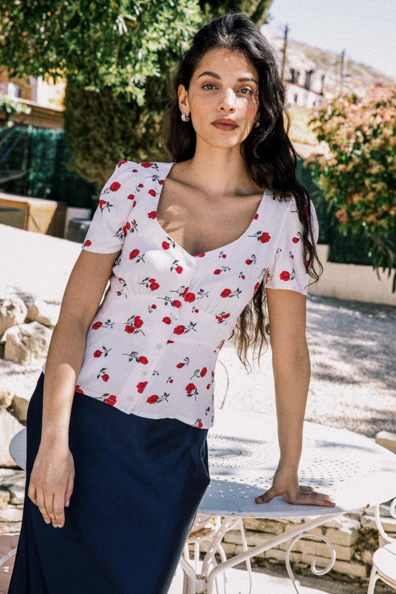 Blouse blanche à manches courtes imprimée fleurie - Althéa - Image 5