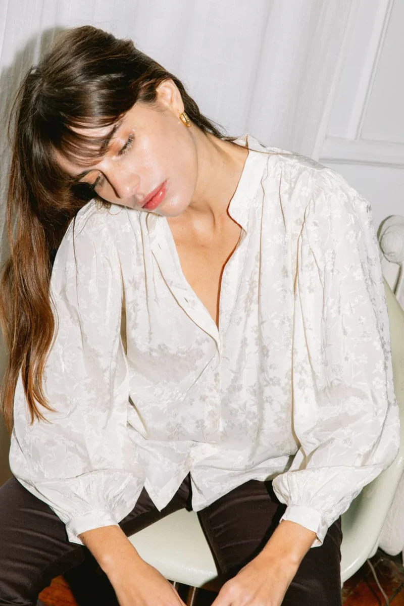 Blouse à col mao imprimée fleurie blanc écru - Hortensia - Image 2