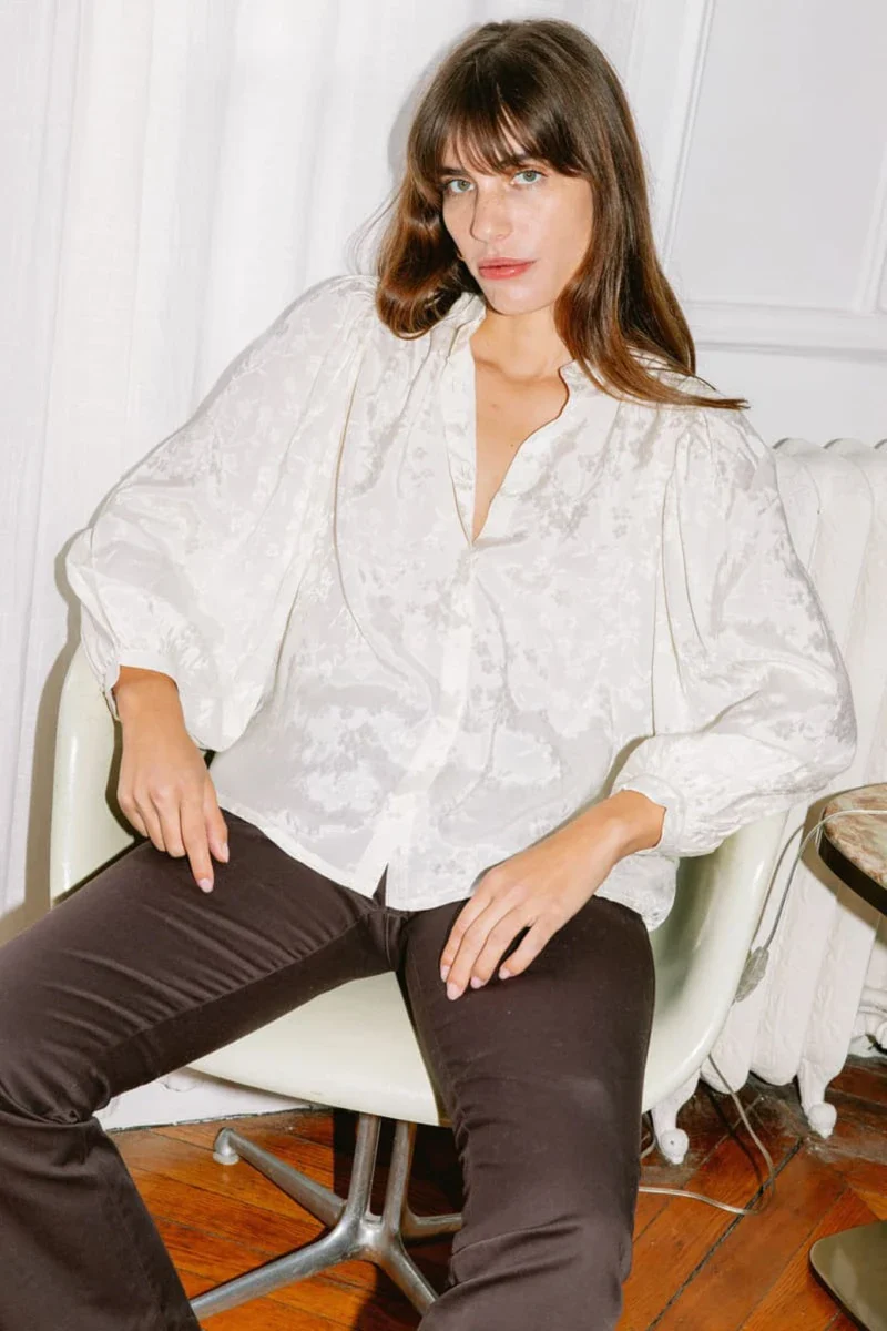Blouse à col mao imprimée fleurie blanc écru - Hortensia - Image 3