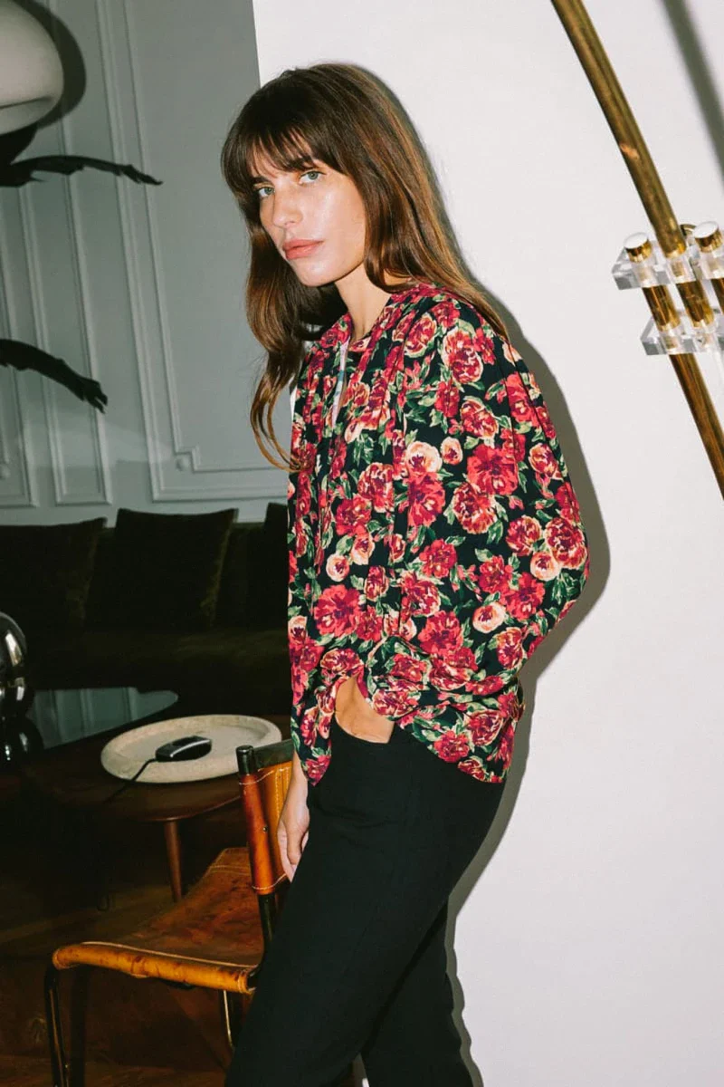 Blouse à col mao imprimée fleurie rouge - Hortensia - Image 3