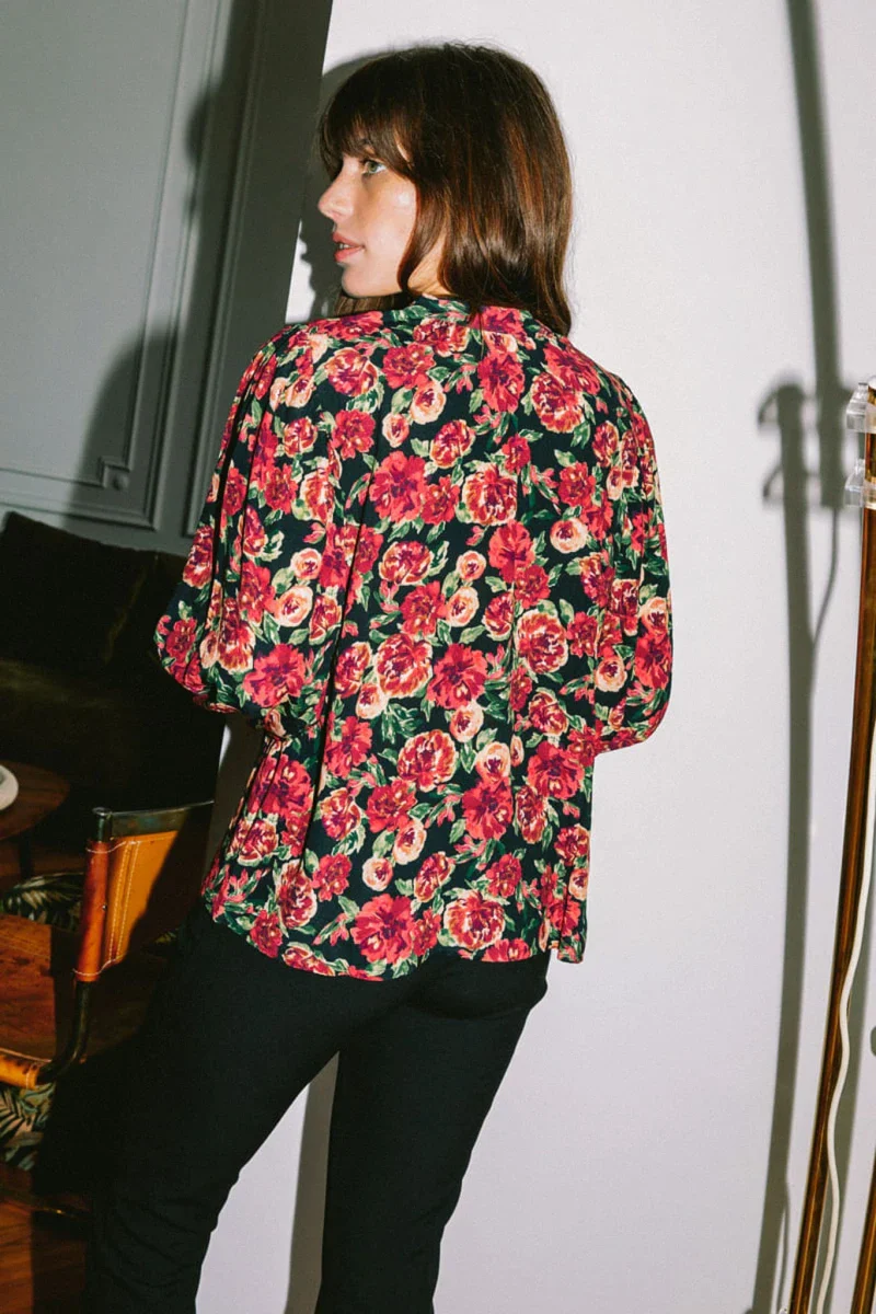 Blouse à col mao imprimée fleurie rouge - Hortensia - Image 4
