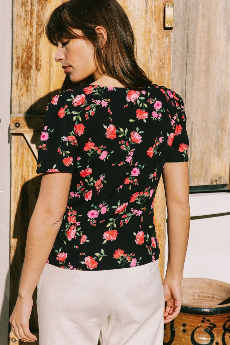 Blouse noire imprimée floral à manches courtes - Althéa - Image 4
