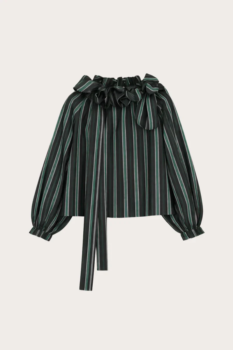 Blouse verte en coton upcylée à rayures - Sirène - Image 3