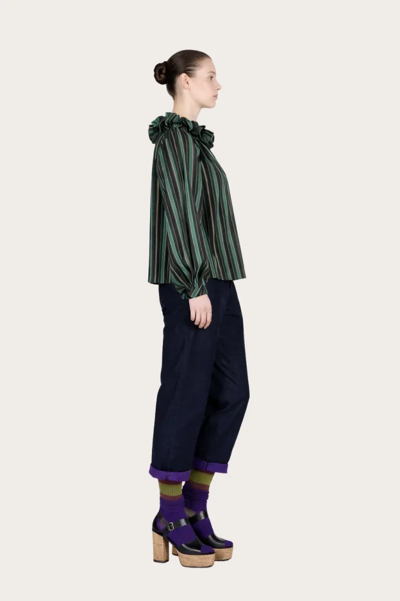 Blouse verte en coton upcylée à rayures - Sirène - Image 7