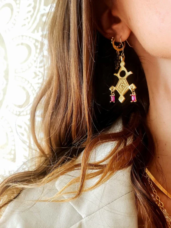Boucles d’oreilles rose framboise - Croix d’Agadez - Image 2