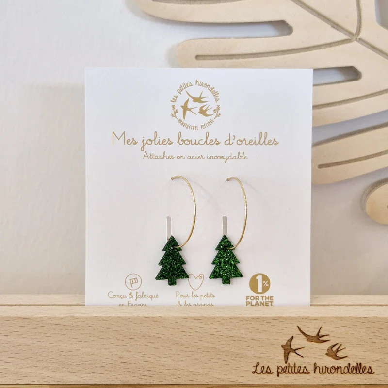 Boucles d'oreilles créoles pailletées - Sapins - Image 3