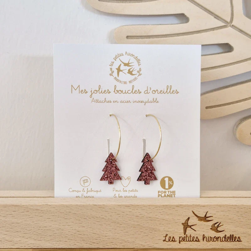 Boucles d'oreilles créoles pailletées - Sapins - Image 4
