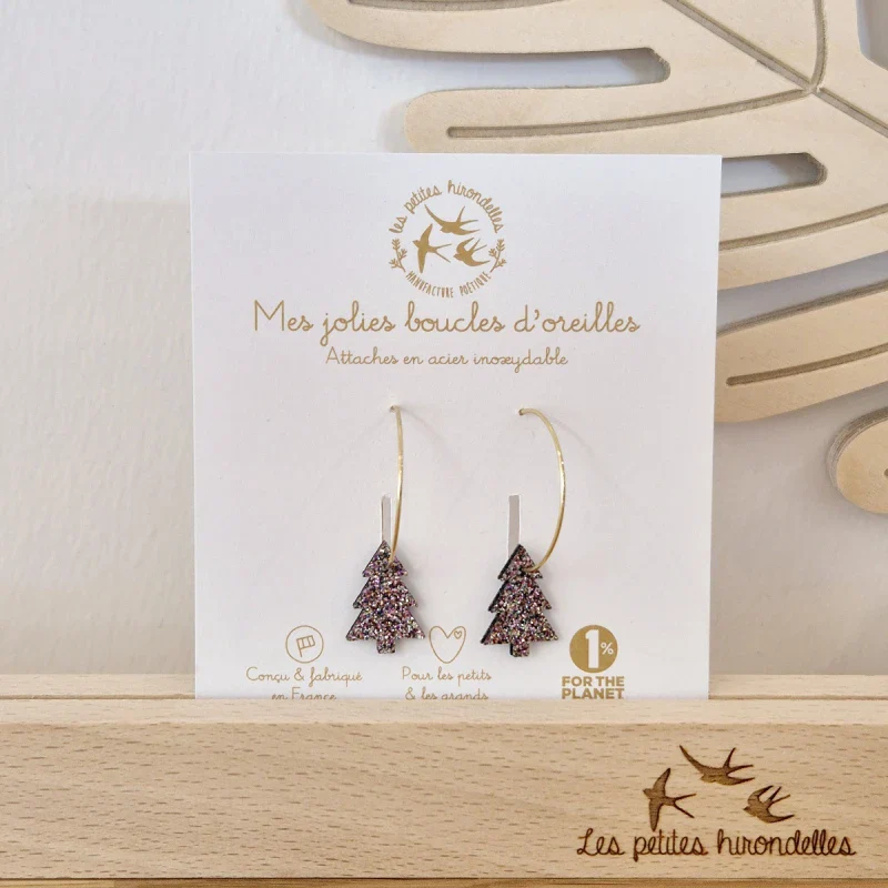 Boucles d'oreilles créoles pailletées - Sapins - Image 5