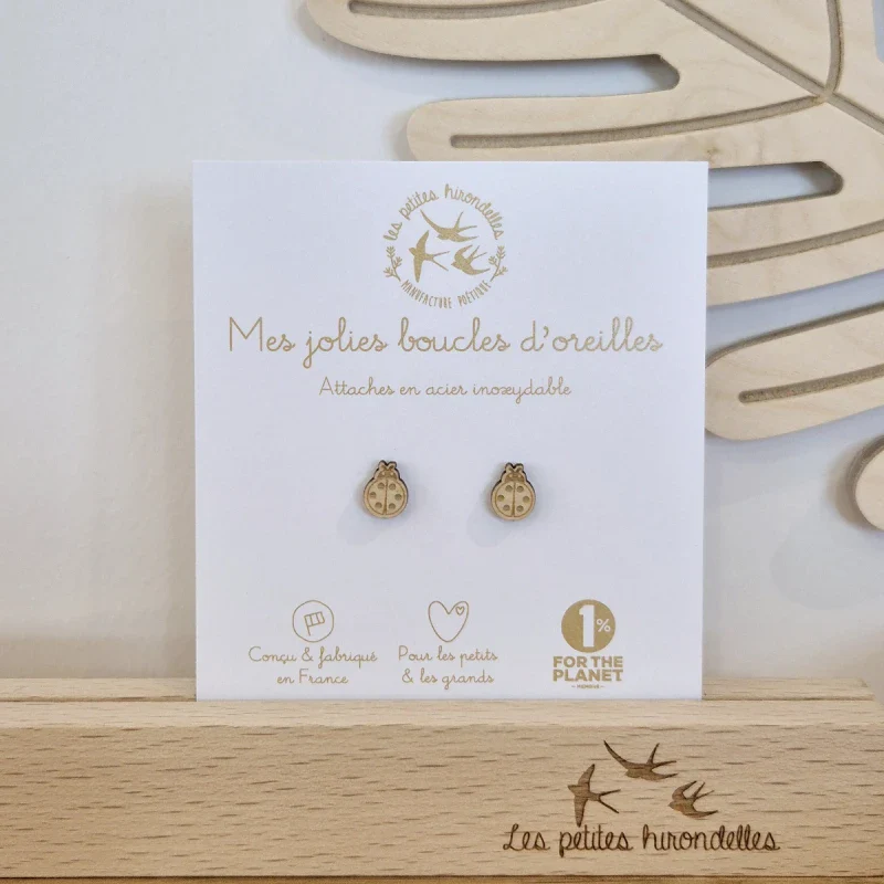 Boucles d'oreilles en bois - Coccinelles - Image 2