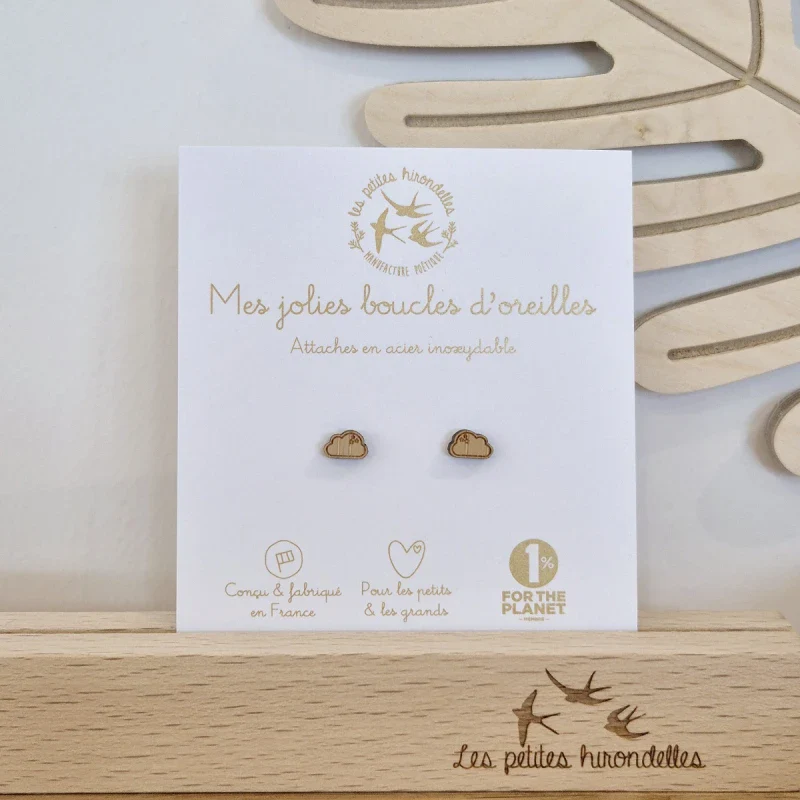 Boucles d'oreilles en bois - Nuages - Image 2