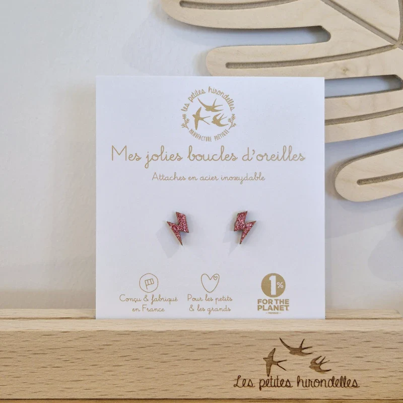 Boucles d'oreilles  en bois pailleté - Eclairs - Image 4