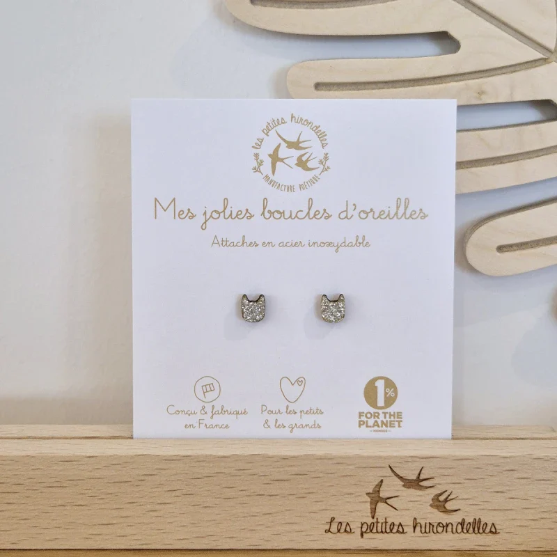 Boucles d'oreilles en bois pailleté en forme de chats - Chats - Image 6
