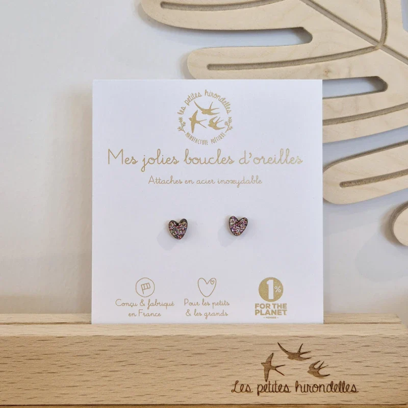 Boucles d'oreilles en bois pailleté pailletées - Cœurs - Image 3