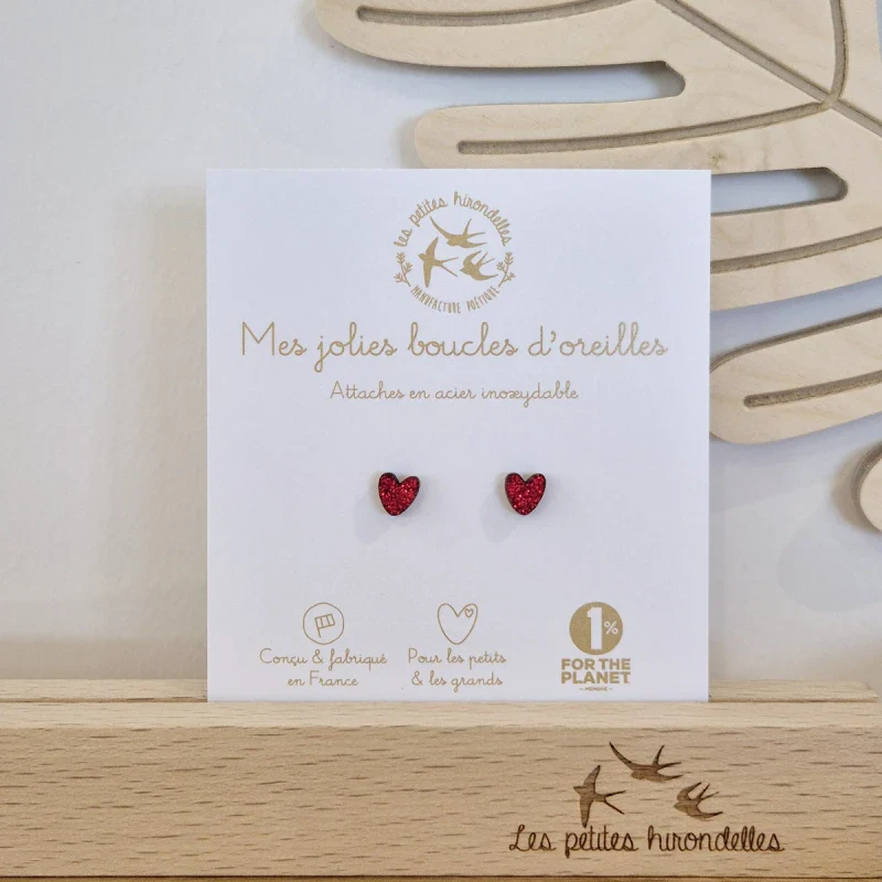 Boucles d'oreilles en bois pailleté pailletées - Cœurs - Image 4