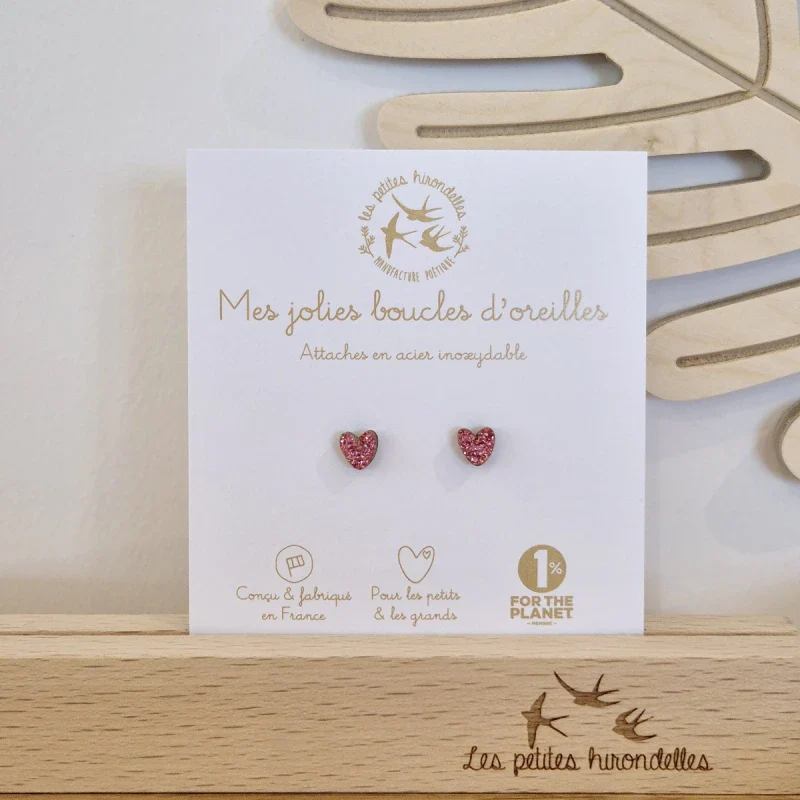 Boucles d'oreilles en bois pailleté pailletées - Cœurs - Image 5