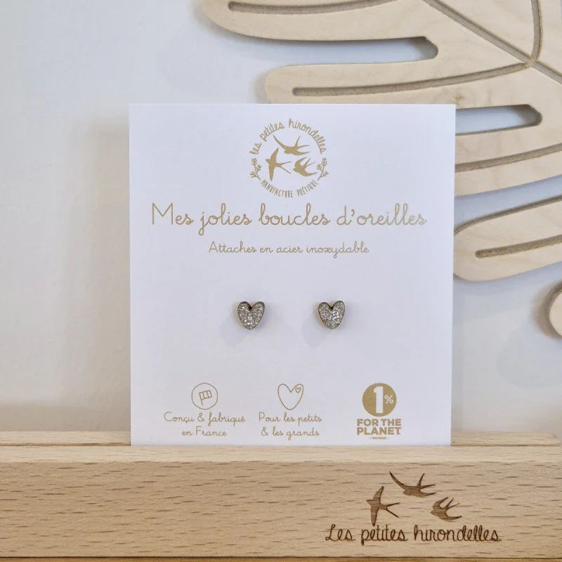 Boucles d'oreilles en bois pailleté pailletées - Cœurs - Image 7