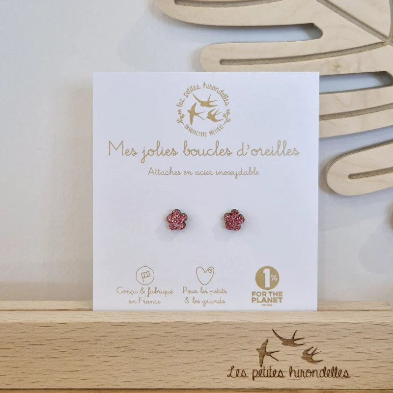 Boucles d'oreilles fleuries en bois pailleté - Fleurs - Image 2