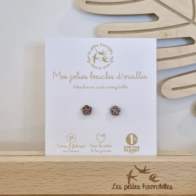 Boucles d'oreilles fleuries en bois pailleté - Fleurs - Image 3