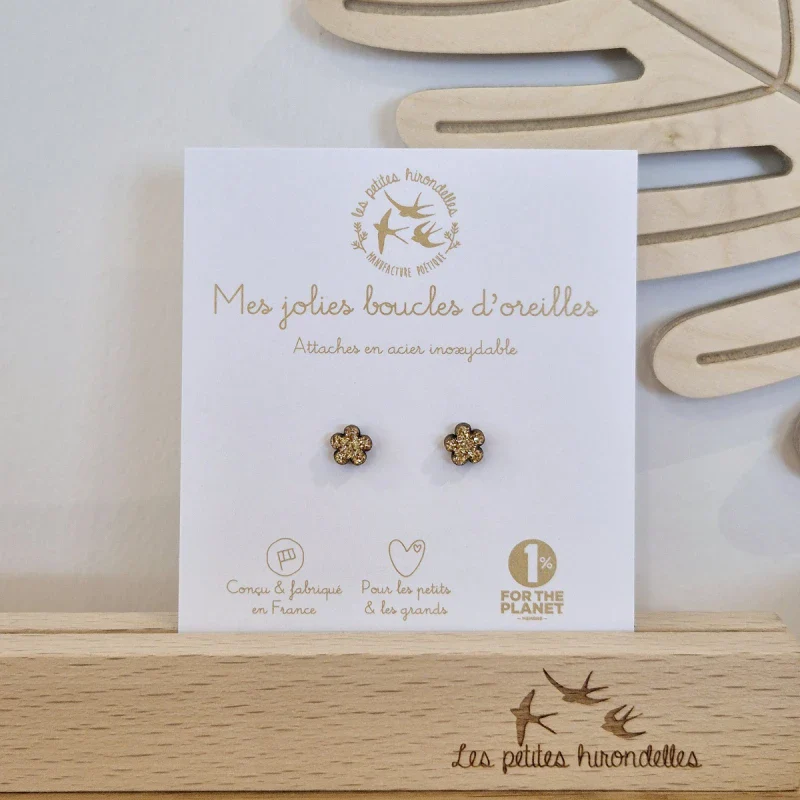 Boucles d'oreilles fleuries en bois pailleté - Fleurs - Image 4