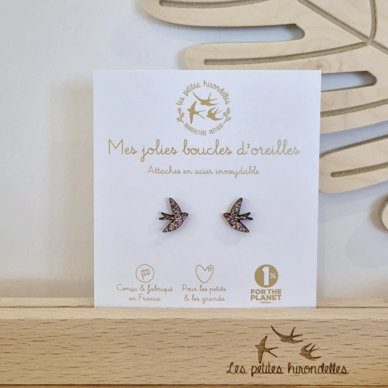 Boucles d'oreilles hirondelles en bois pailleté - Hirondelles - Image 4