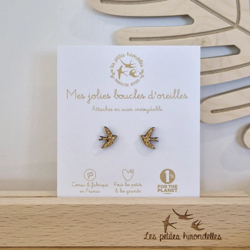 Boucles d'oreilles hirondelles en bois pailleté - Hirondelles - Image 5