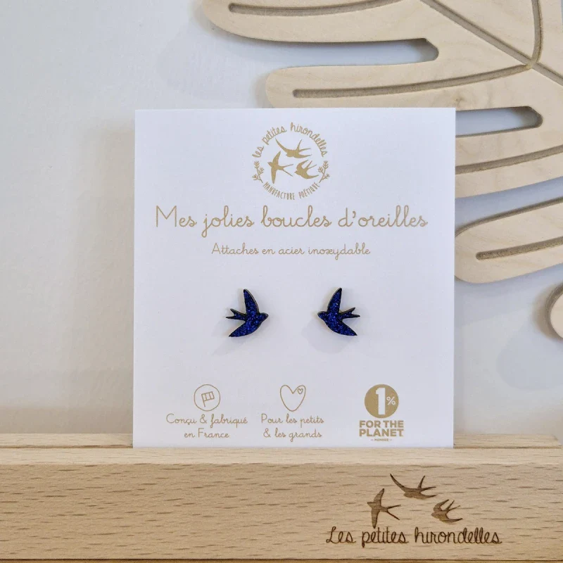 Boucles d'oreilles hirondelles en bois pailleté - Hirondelles - Image 6