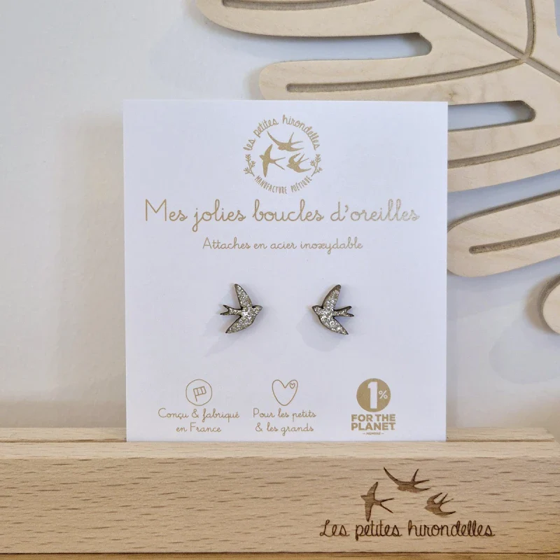 Boucles d'oreilles hirondelles en bois pailleté - Hirondelles - Image 7