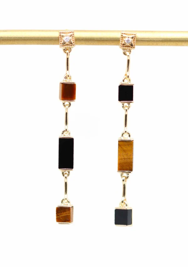Boucles d'oreilles pendante Oeil de tigre et Onyx noir I Louisette - Image 2