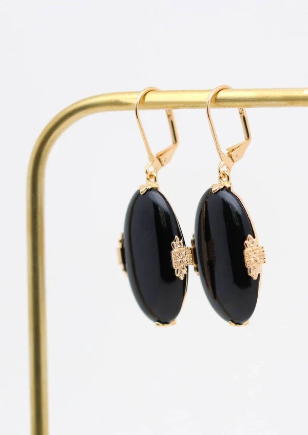 Boucles d'oreilles plaqué or Onyx noir ovale I Joséphine - Image 2