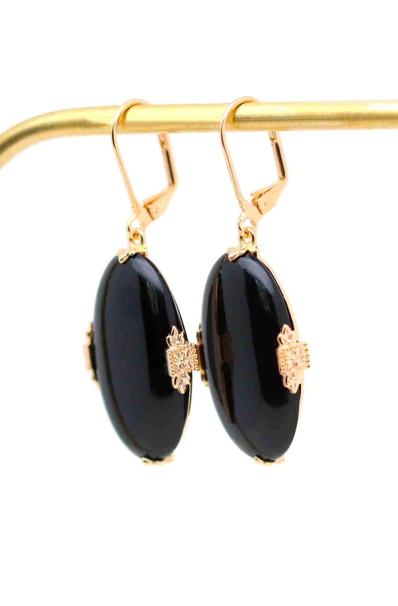 Boucles d'oreilles plaqué or Onyx noir ovale I Joséphine - Image 3