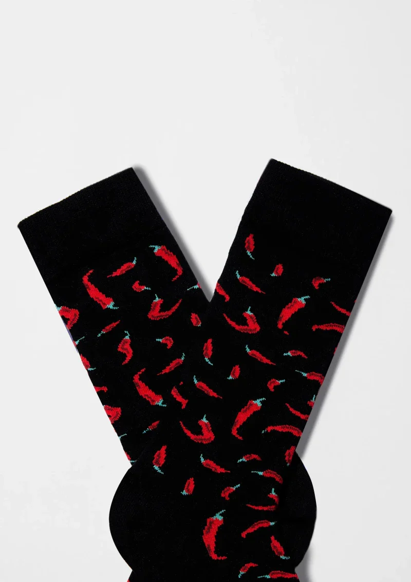 Chaussettes en coton bio - Noir avec Chili piment rouge - Image 3